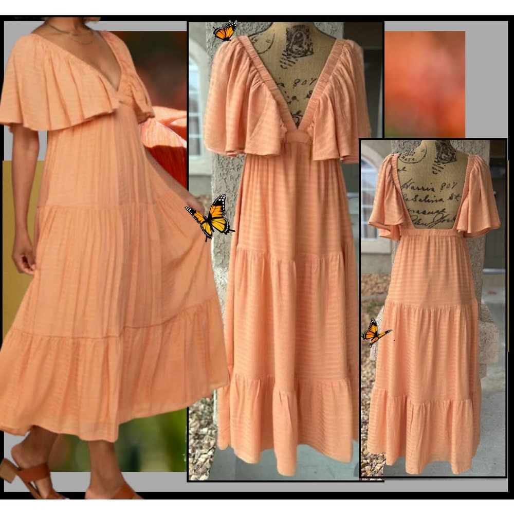 Pinkblush Peach Textured Stripe Deep V-Neck Layered Sleeve Maxi Dress Size S